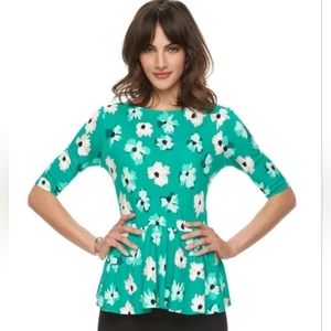 3/$10 Elle | Teal Flower Print Ruffle Bottom 3/4 Sleeve Rayon Blouse size XL